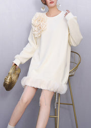 White Floral Decorated Cotton Day Dress Tasseled Spring