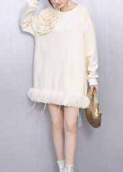 White Floral Decorated Cotton Day Dress Tasseled Spring