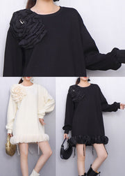 White Floral Decorated Cotton Day Dress Tasseled Spring