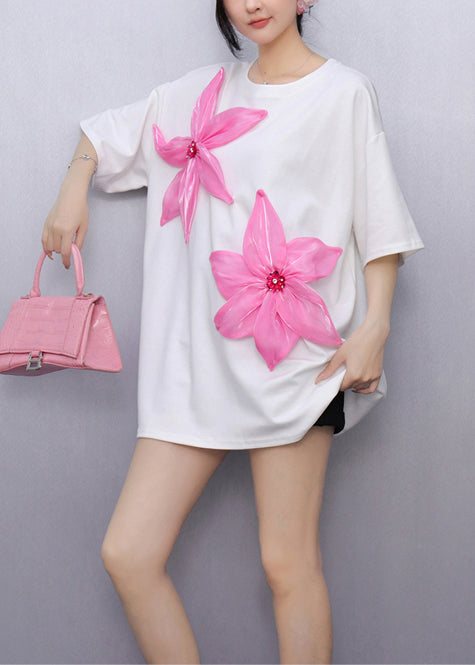 White Floral Decorated Cotton Tank Tops Oversized Summer