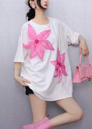 White Floral Decorated Cotton Tank Tops Oversized Summer