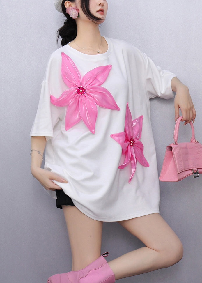 White Floral Decorated Cotton Tank Tops Oversized Summer
