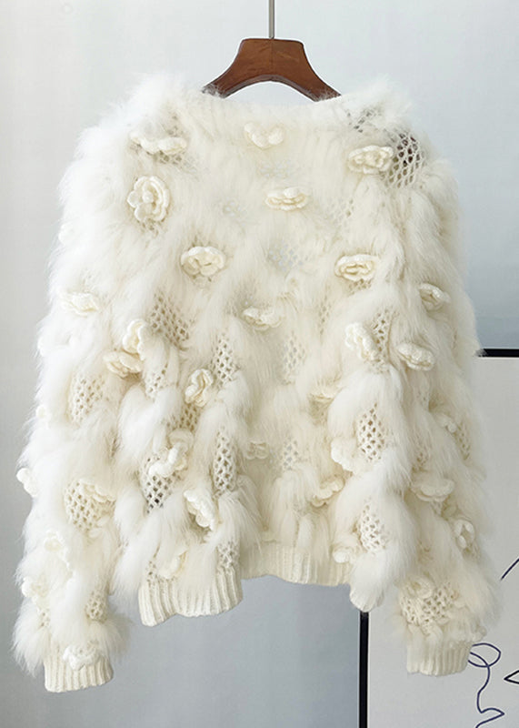 White Floral Hollow Out Mink Hair Knitted Coat Winter