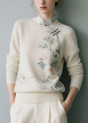 White Floral Thick Knit Sweater Stand Collar Winter