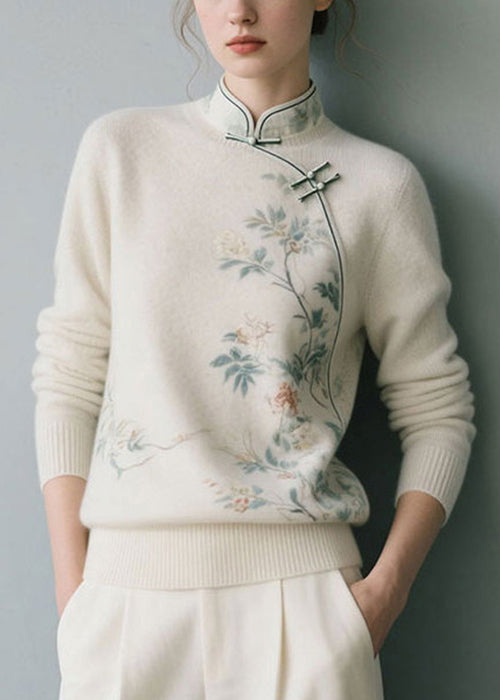 White Floral Thick Knit Sweater Stand Collar Winter