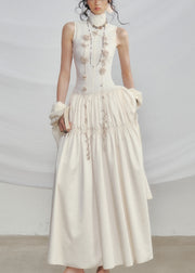 White Floral Wrinkled Cotton Two Pieces Set Turtleneck Summer