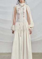 White Floral Wrinkled Cotton Two Pieces Set Turtleneck Summer