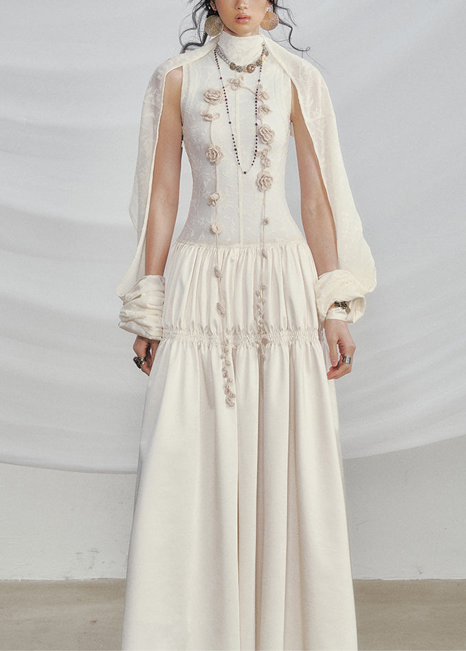White Floral Wrinkled Cotton Two Pieces Set Turtleneck Summer