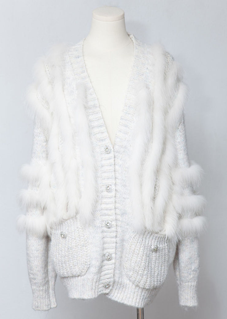 White Fox Fur Pockets Patchwork Woolen Cardigan V Neck