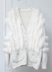 White Fox Fur Pockets Patchwork Woolen Cardigan V Neck