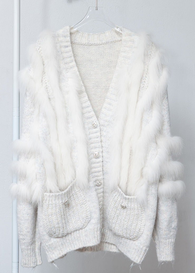 White Fox Fur Pockets Patchwork Woolen Cardigan V Neck