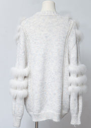 White Fox Fur Pockets Patchwork Woolen Cardigan V Neck