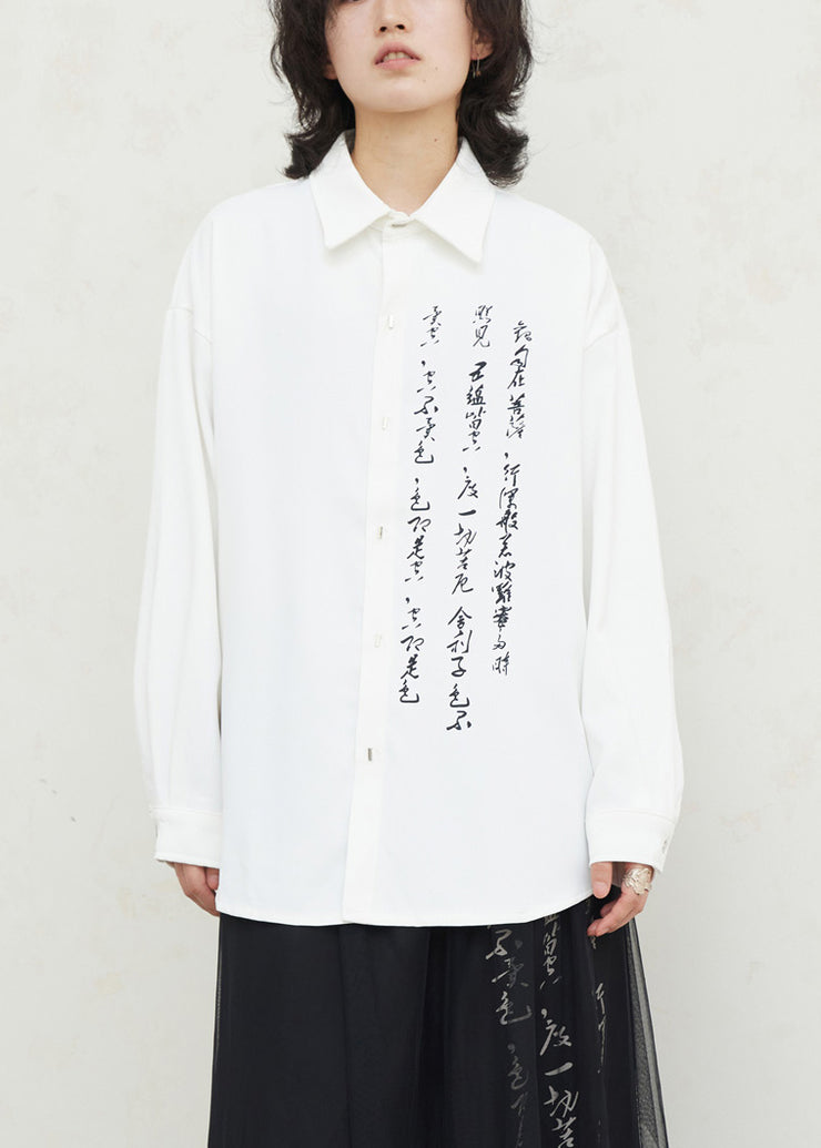 White Graphic Print Button Solid Top Fall