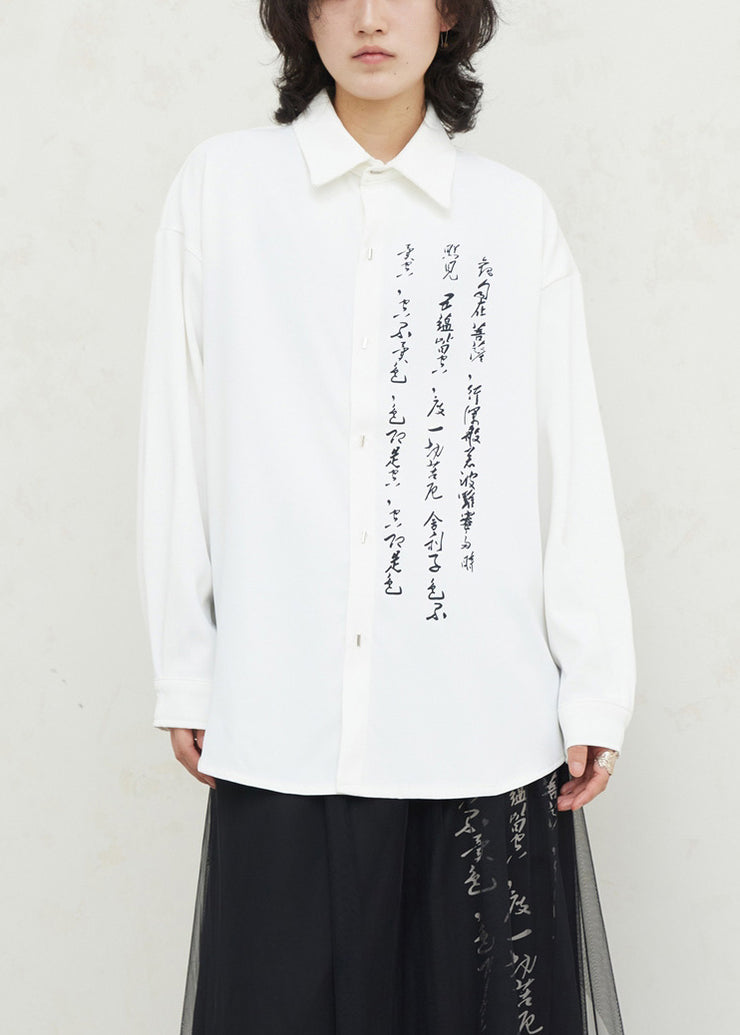 White Graphic Print Button Solid Top Fall