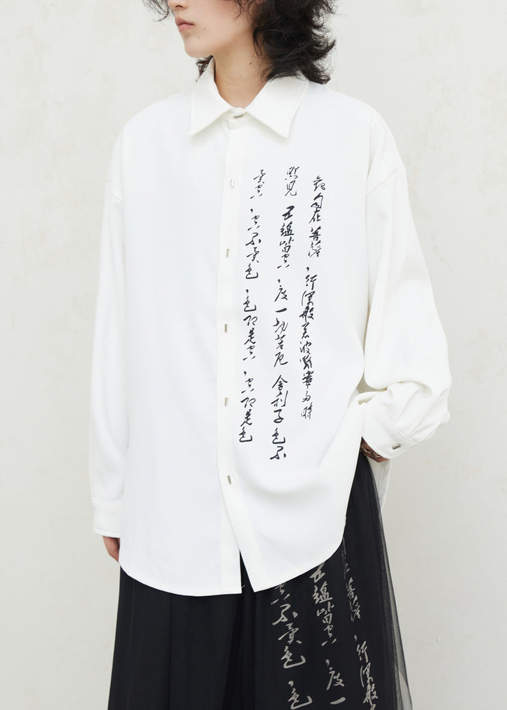 White Graphic Print Button Solid Top Fall