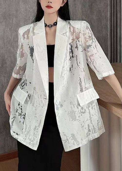 White Hollow Out Button Cotton Coat Notched Half Sleeve