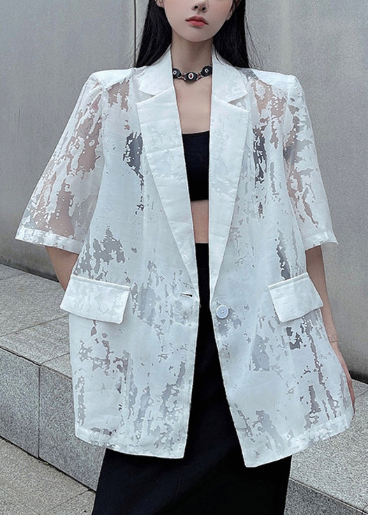 White Hollow Out Button Cotton Coat Notched Half Sleeve