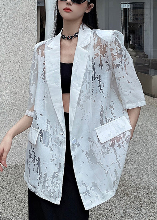 White Hollow Out Button Cotton Coat Notched Half Sleeve