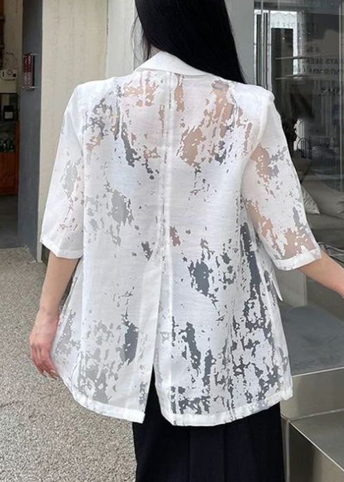 White Hollow Out Button Cotton Coat Notched Half Sleeve