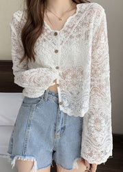 White Hollow Out Button Lace Cardigans V Neck