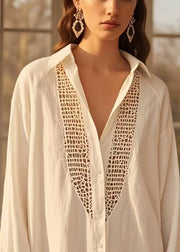 White Hollow Out Cotton Shirt Dresses Oversized Spring
