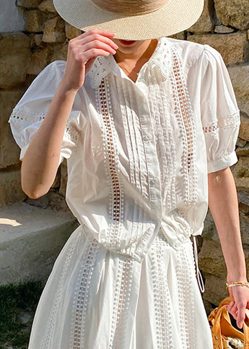 White Hollow Out Cotton Summer Shirts Peter Pan Collar