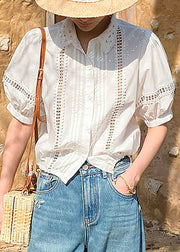 White Hollow Out Cotton Summer Shirts Peter Pan Collar