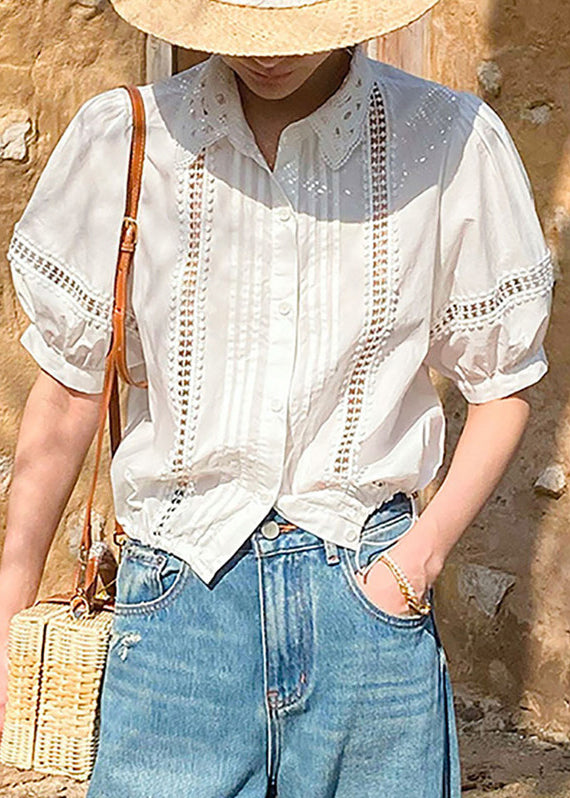 White Hollow Out Cotton Summer Shirts Peter Pan Collar