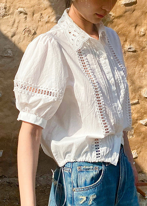 White Hollow Out Cotton Summer Shirts Peter Pan Collar