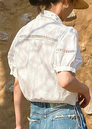 White Hollow Out Cotton Summer Shirts Peter Pan Collar