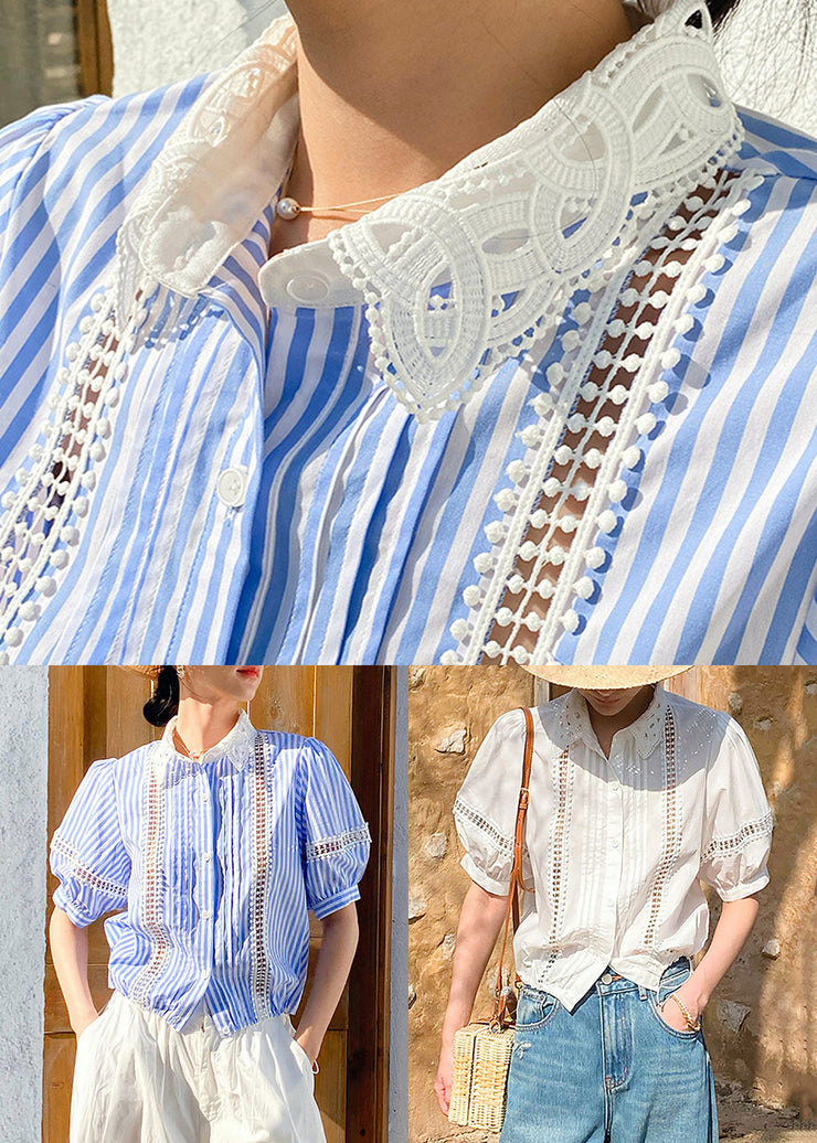 White Hollow Out Cotton Summer Shirts Peter Pan Collar