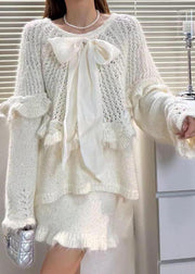 White Hollow Out Knit Two Pieces Set Cute Bow Fall