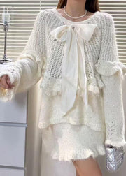 White Hollow Out Knit Two Pieces Set Cute Bow Fall