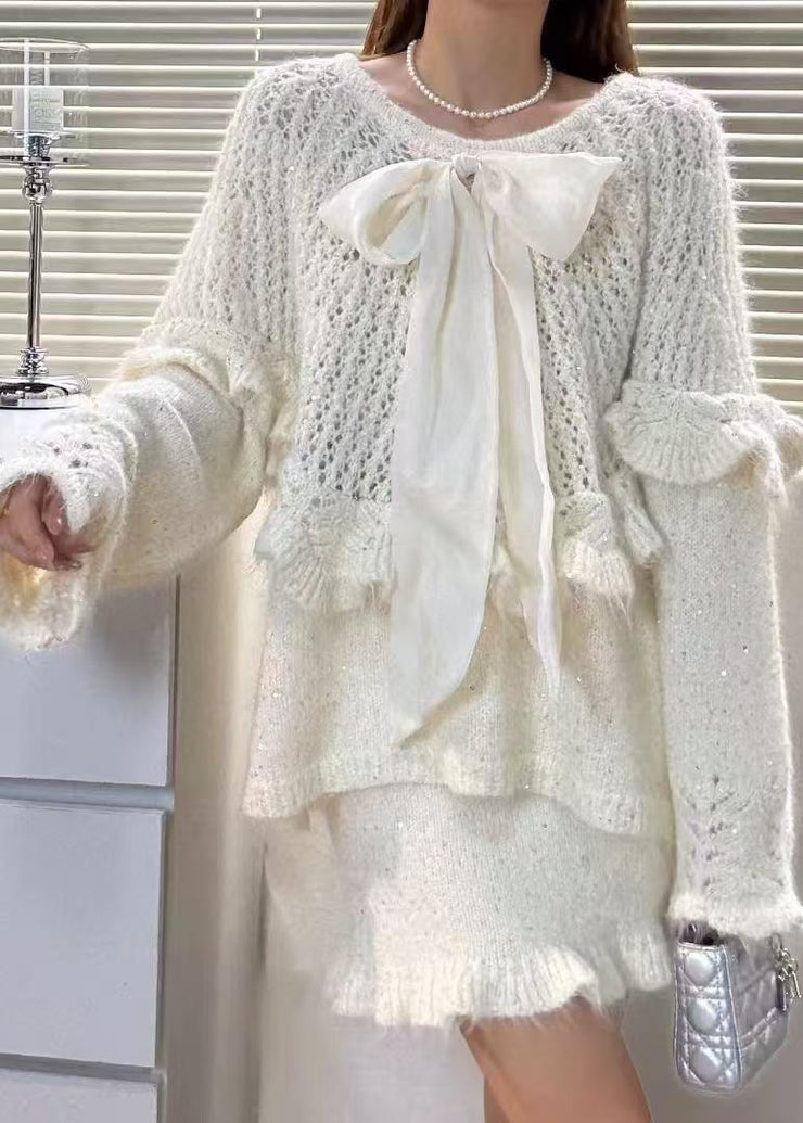White Hollow Out Knit Two Pieces Set Cute Bow Fall