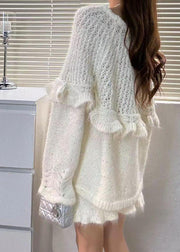 White Hollow Out Knit Two Pieces Set Cute Bow Fall