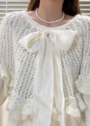 White Hollow Out Knit Two Pieces Set Cute Bow Fall