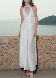 White Hollow Out Lace Up Cotton Long Dress V Neck Summer