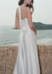 White Hollow Out Lace Up Cotton Long Dress V Neck Summer