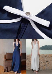 White Hollow Out Lace Up Cotton Long Dress V Neck Summer