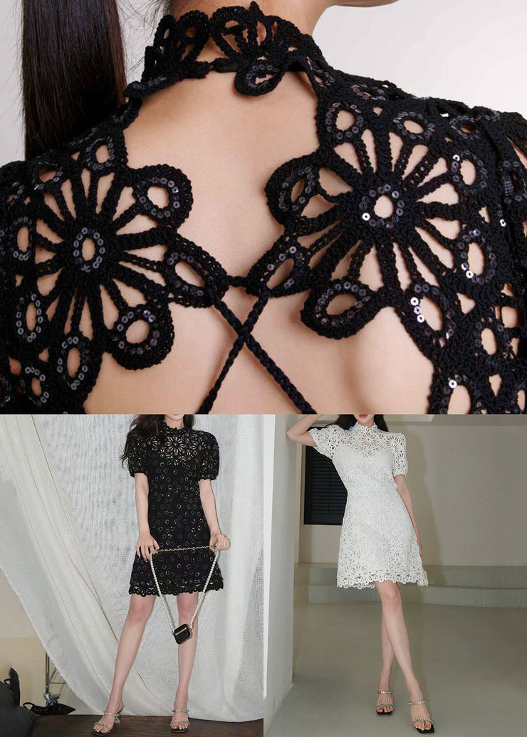 White Hollow Out Lace Up Cotton Summer Mid Dress Sequins