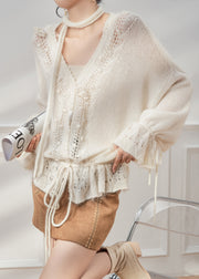 White Hollow Out Lace Up Knit Coat V Neck Fall