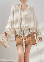 White Hollow Out Lace Up Knit Coat V Neck Fall