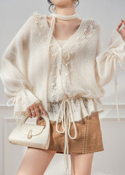 White Hollow Out Lace Up Knit Coat V Neck Fall