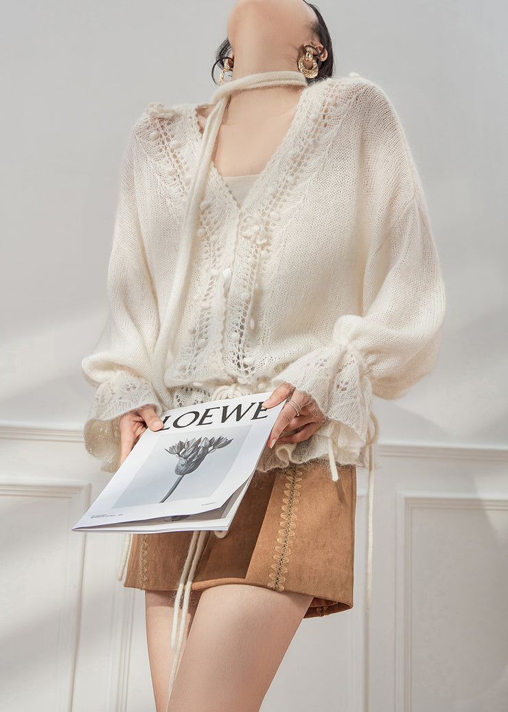 White Hollow Out Lace Up Knit Coat V Neck Fall