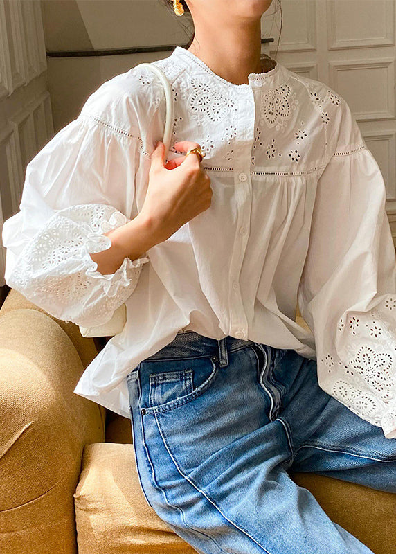 White Hollow Out Loose Cotton Blouse Embroidered Butterfly Sleeve