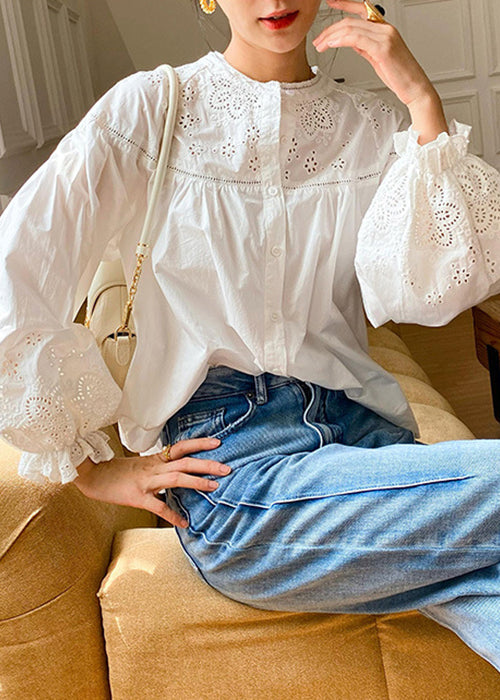 White Hollow Out Loose Cotton Blouse Embroidered Butterfly Sleeve