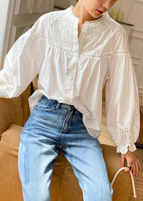 White Hollow Out Loose Cotton Blouse Embroidered Butterfly Sleeve