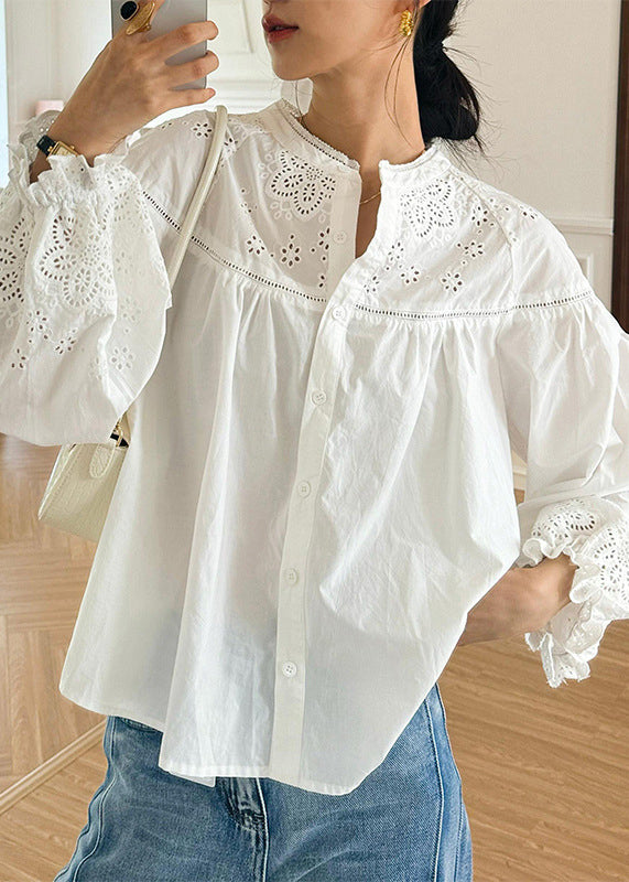White Hollow Out Loose Cotton Blouse Embroidered Butterfly Sleeve