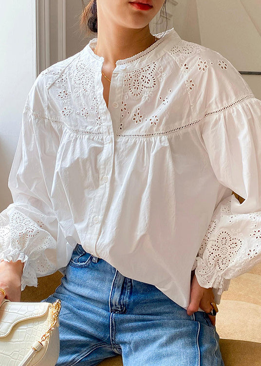 White Hollow Out Loose Cotton Blouse Embroidered Butterfly Sleeve
