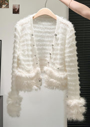 White Hollow Out Pockets Patchwork Knit Coat V Neck